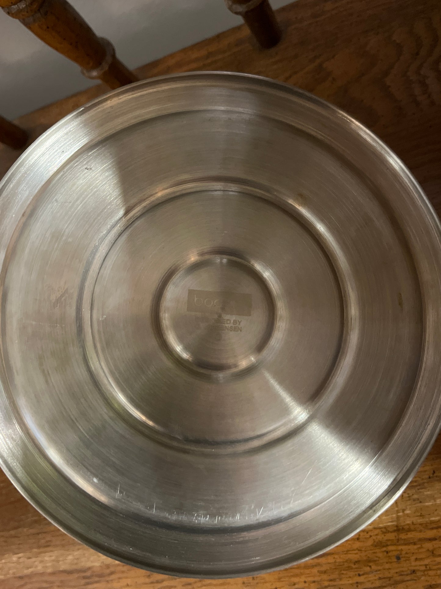 Original Bodum Italian Jorgensen Ottoni 18/10 Stainless Steel 2 Qt. Teapot Wooden Handle with beautiful blue marble- like knob on lid.