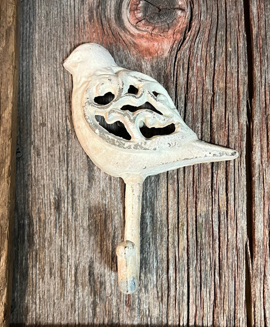 Cast Iron Bird Wall Hook - White Distressed Coloring